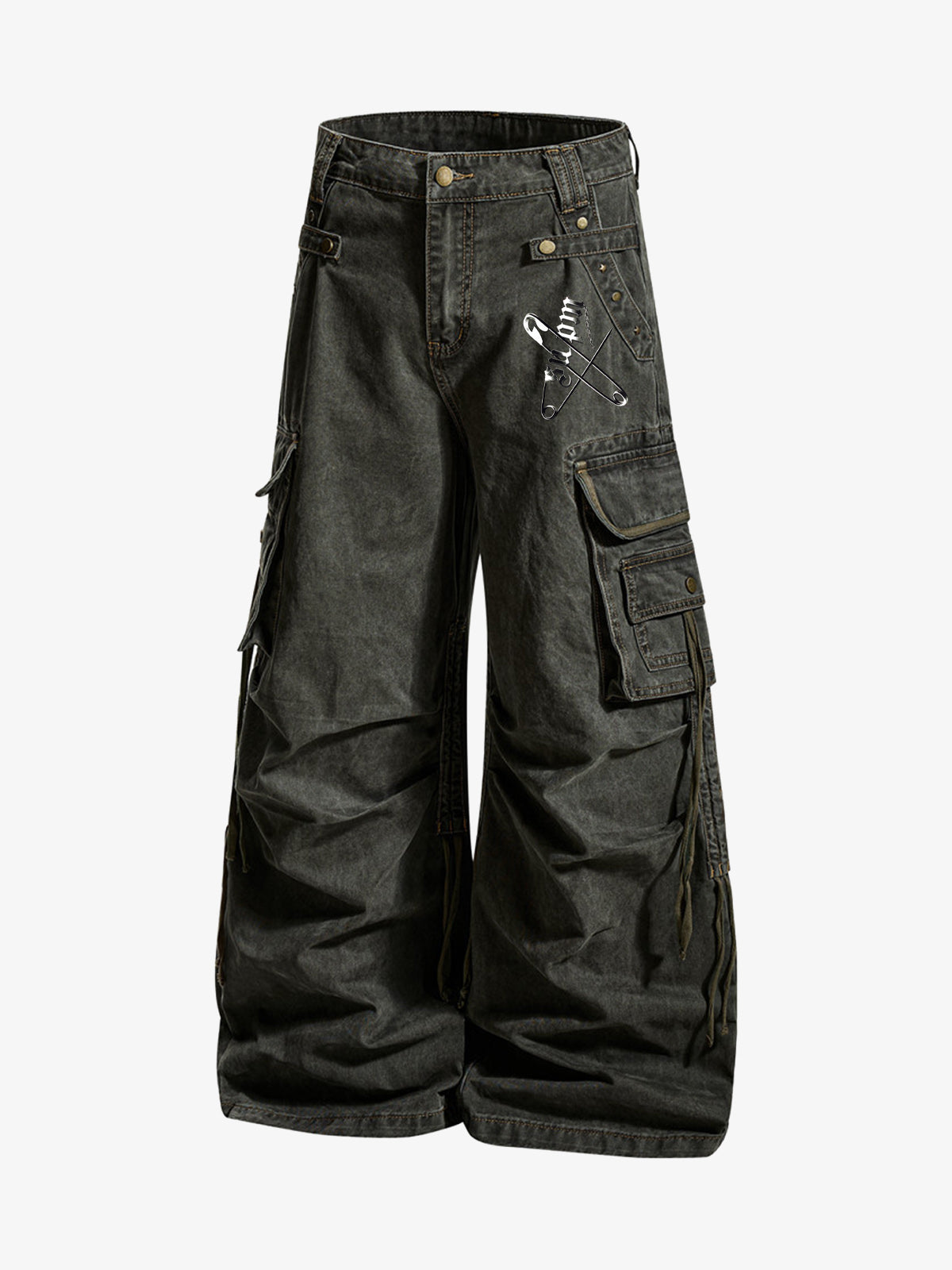 Retro punk style multi-pocket wide-leg cargo pants with rivet pleats and logo print design. 