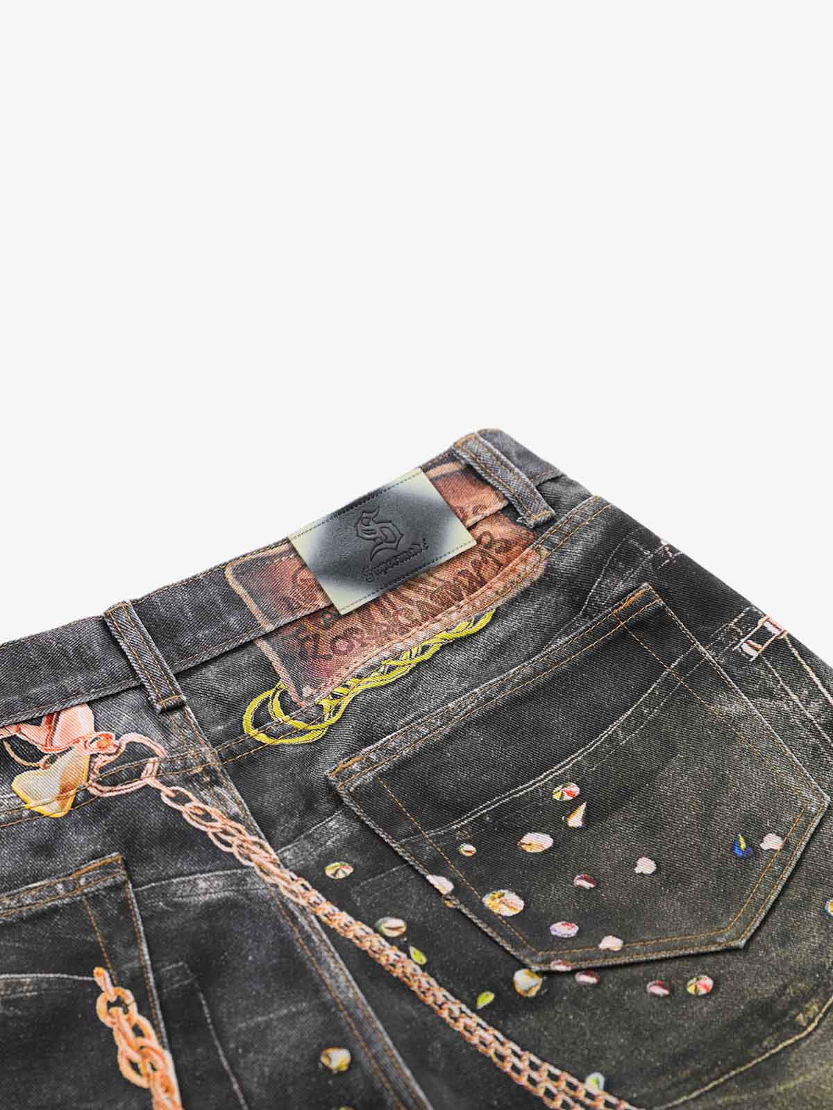 3D Chain Key Print Jeans 