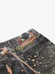 3D Chain Key Print Jeans 