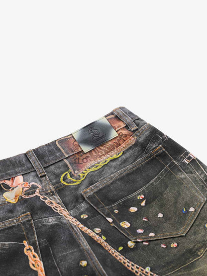 Jeans mit 3D-Schlüsselketten-Print