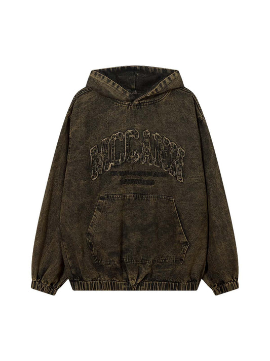 Washed Distressed Letter Embroidered Denim Hoodie 