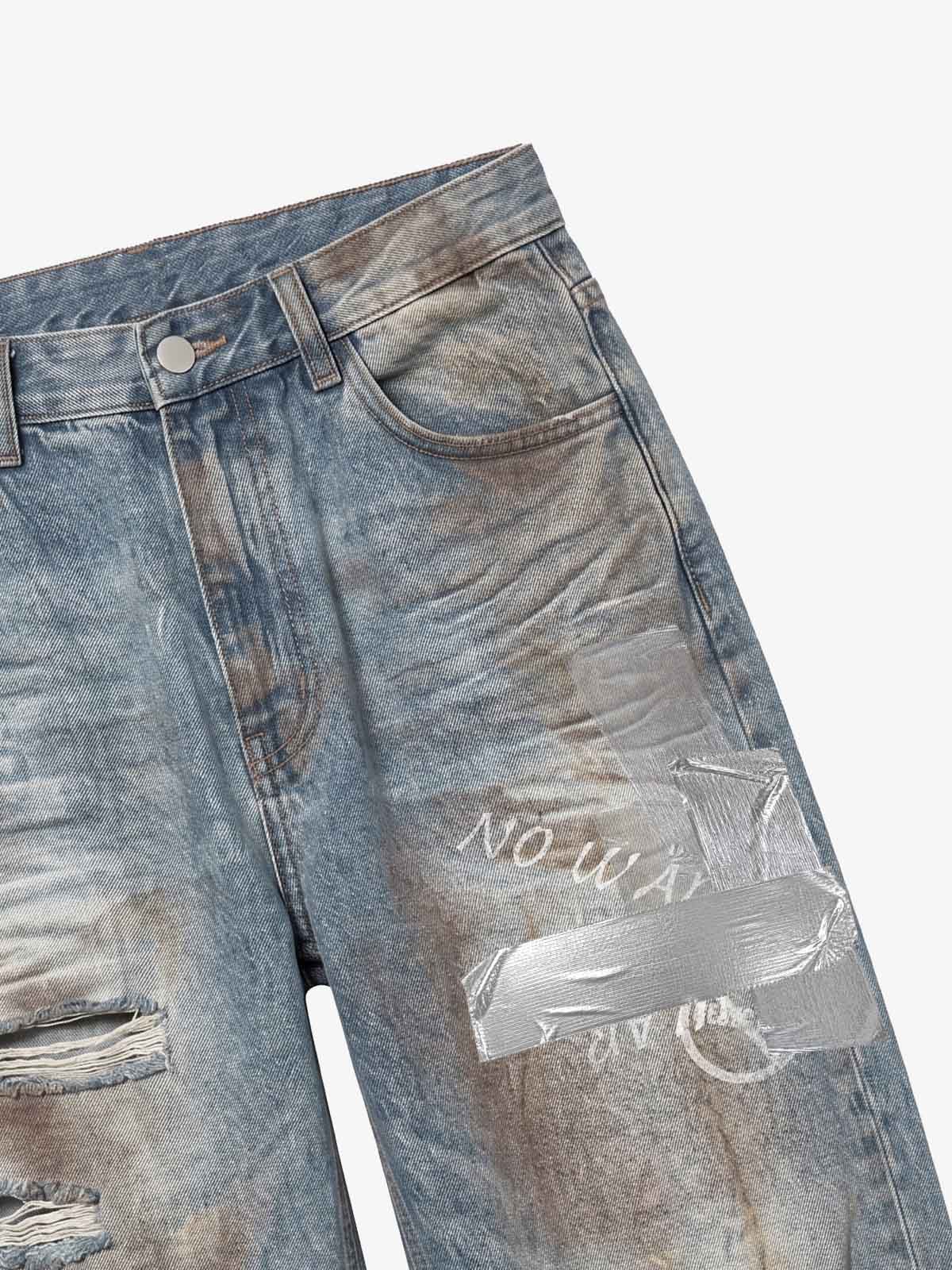 Foil-Tape Distressed Ripped Heavyweight Jeans