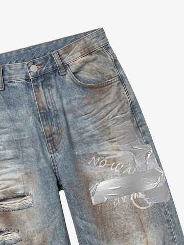 Foil-Tape Distressed Ripped Heavyweight Jeans