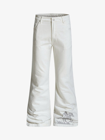 Embroidered Horse Wide Leg Denim Flare Jeans 