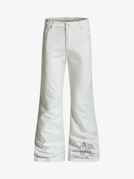 Embroidered Horse Wide Leg Denim Flare Jeans
