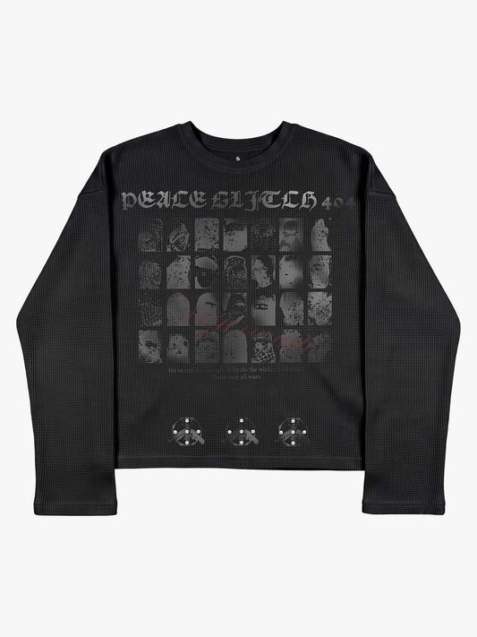 Anti-War Graphic Beaded Waffle Long Sleeve Tee