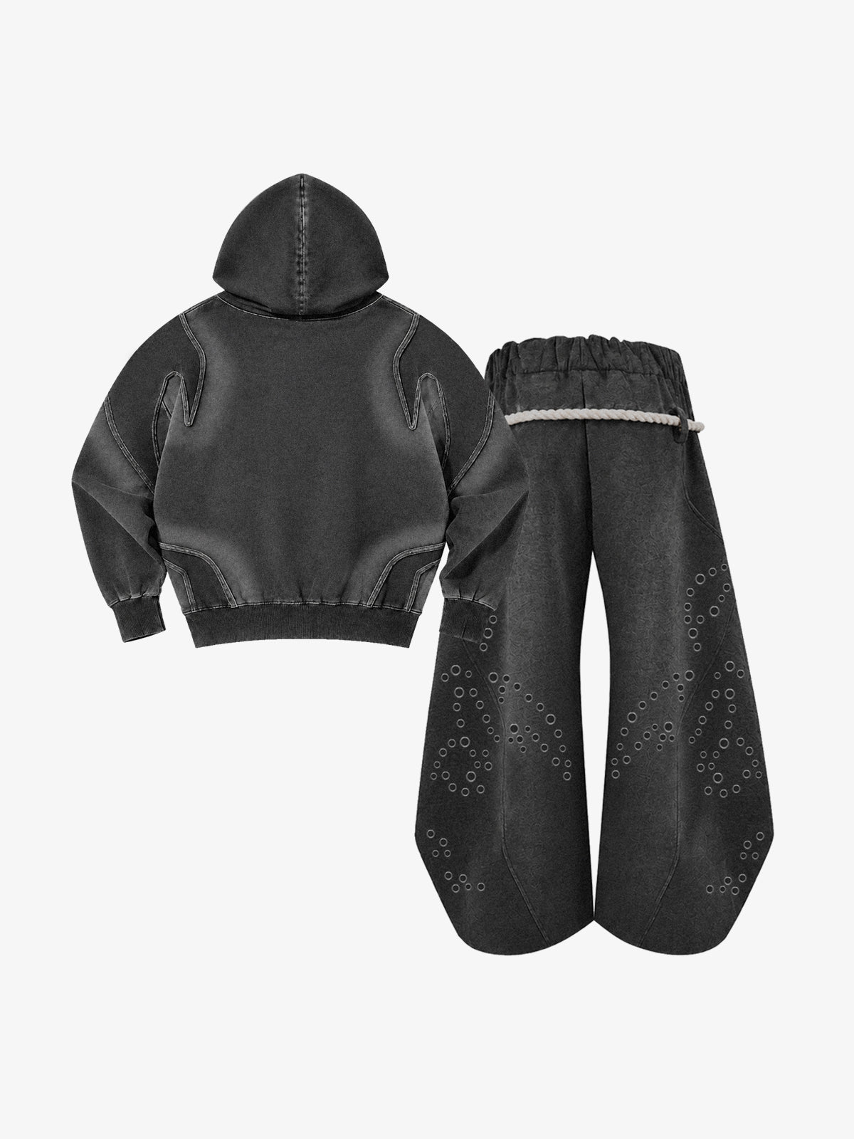 Washed Spray-Edge Zip Hoodie & Curved-Leg Sweatpants Set