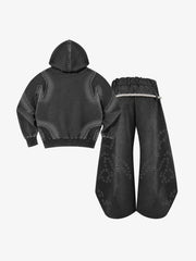 Washed Spray-Edge Zip Hoodie & Curved-Leg Sweatpants Set