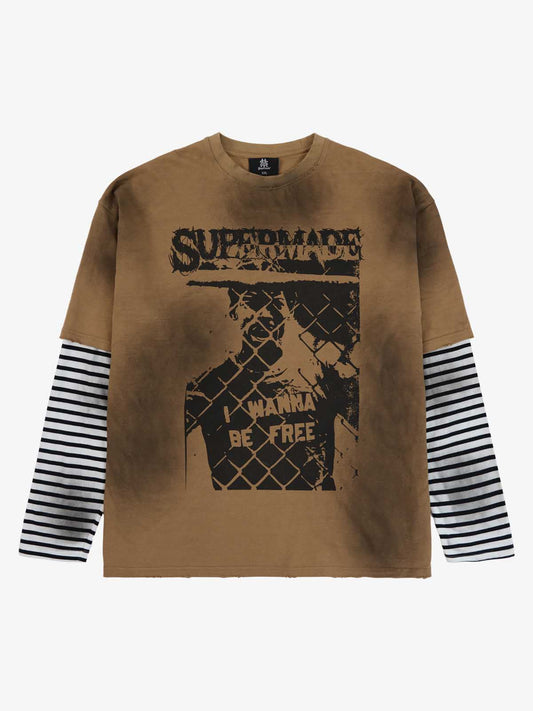 Supermade Distressed Cage Striped Long-Sleeve T-Shirt 