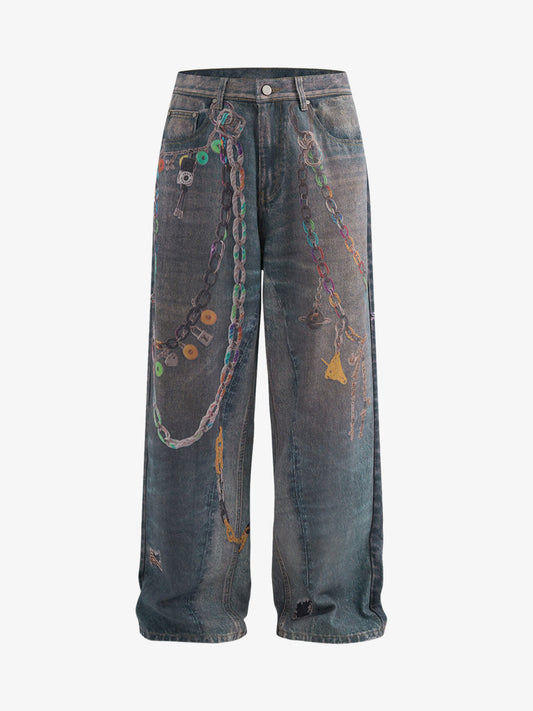 Retro High street Washed 3D Chain Printed Jeans 