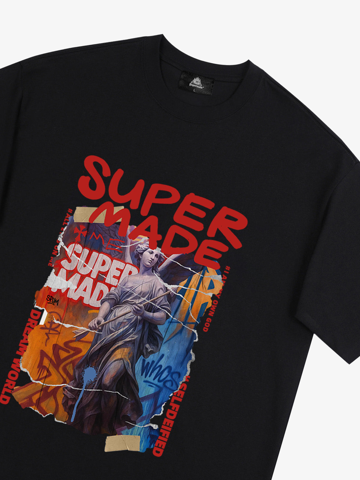 Cotton Blend SUPERMADE Sculpture Sraffiti Sticker Pattern T-Shirt 