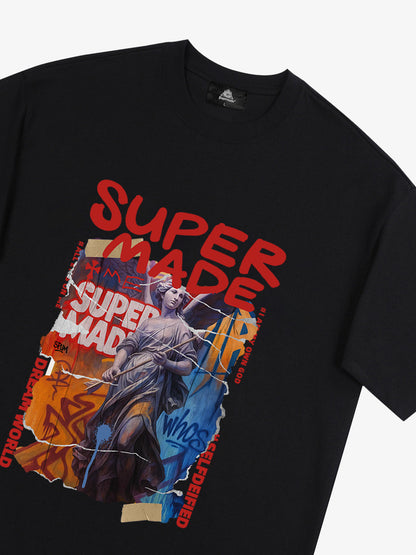 Cotton Blend SUPERMADE Sculpture Sraffiti Sticker Pattern T-Shirt 