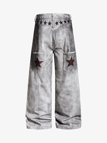 Distressed Dirty Wash Text Graphic Star Trim Straight Leg Pants 