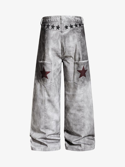 Distressed Dirty Wash Text Graphic Star Trim Straight Leg Pants 