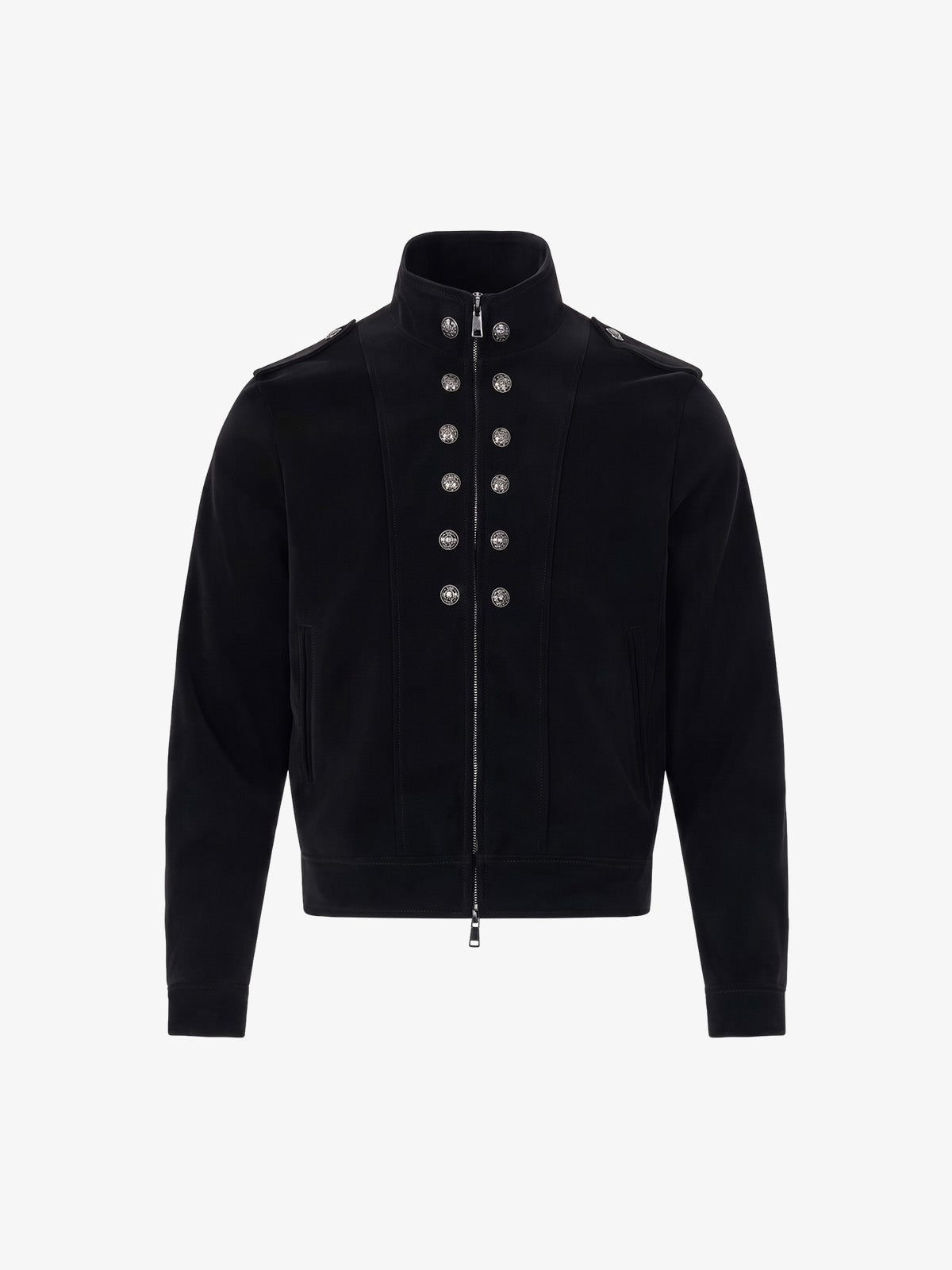 Double-Row Metal-Button Stand-Collar Faux Leather Jacket