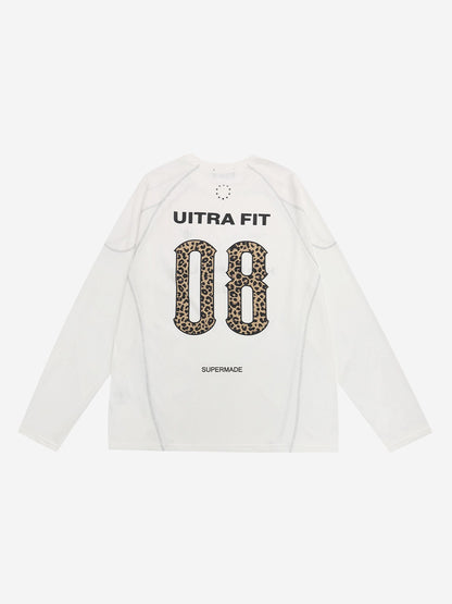 Leopard-Panel Slogan Quick-Dry Long Sleeve Tee