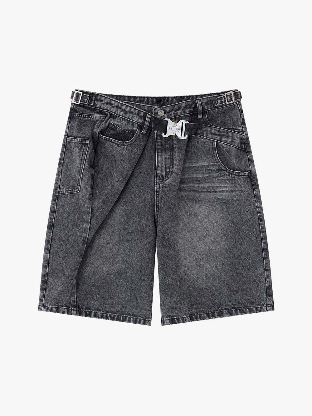 Tactical Buckle Washed Denim Shorts 