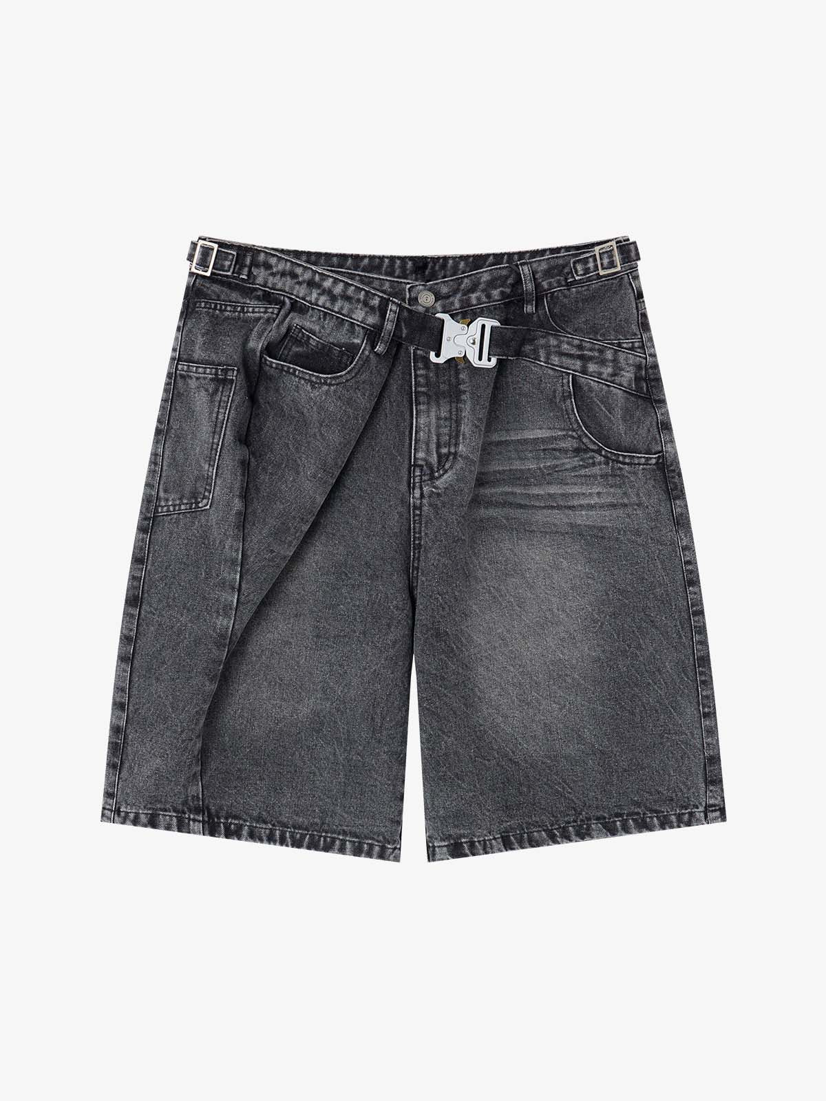 Tactical Buckle Washed Denim Shorts 