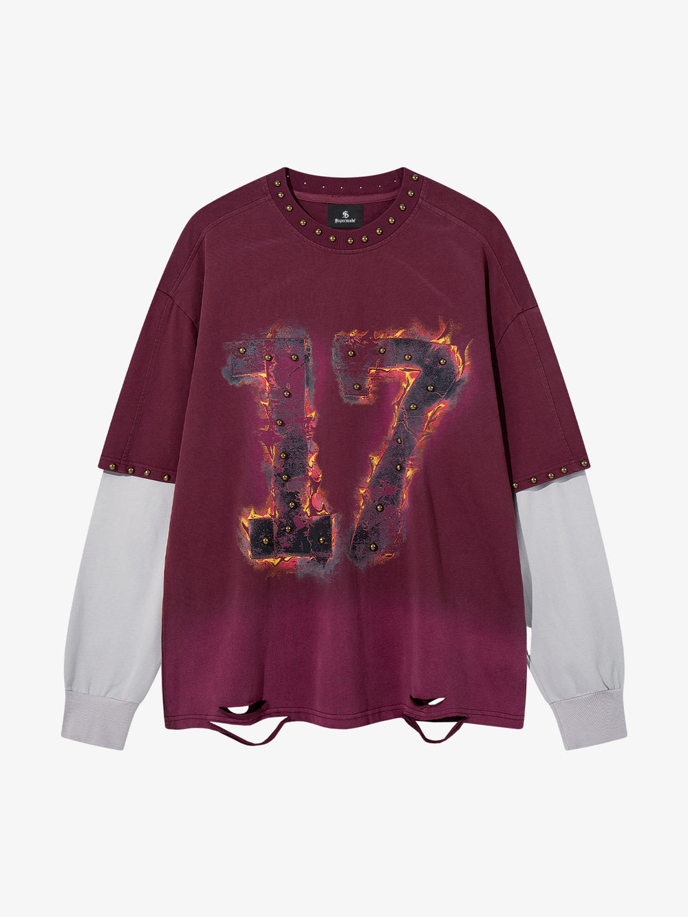 Langarmshirt mit Flammenmuster, Nieten und Used-Look-Patchwork-Design