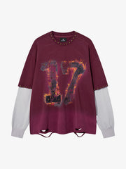 Flame Graphic Studded Distressed Patchwork Long Sleeve Tee