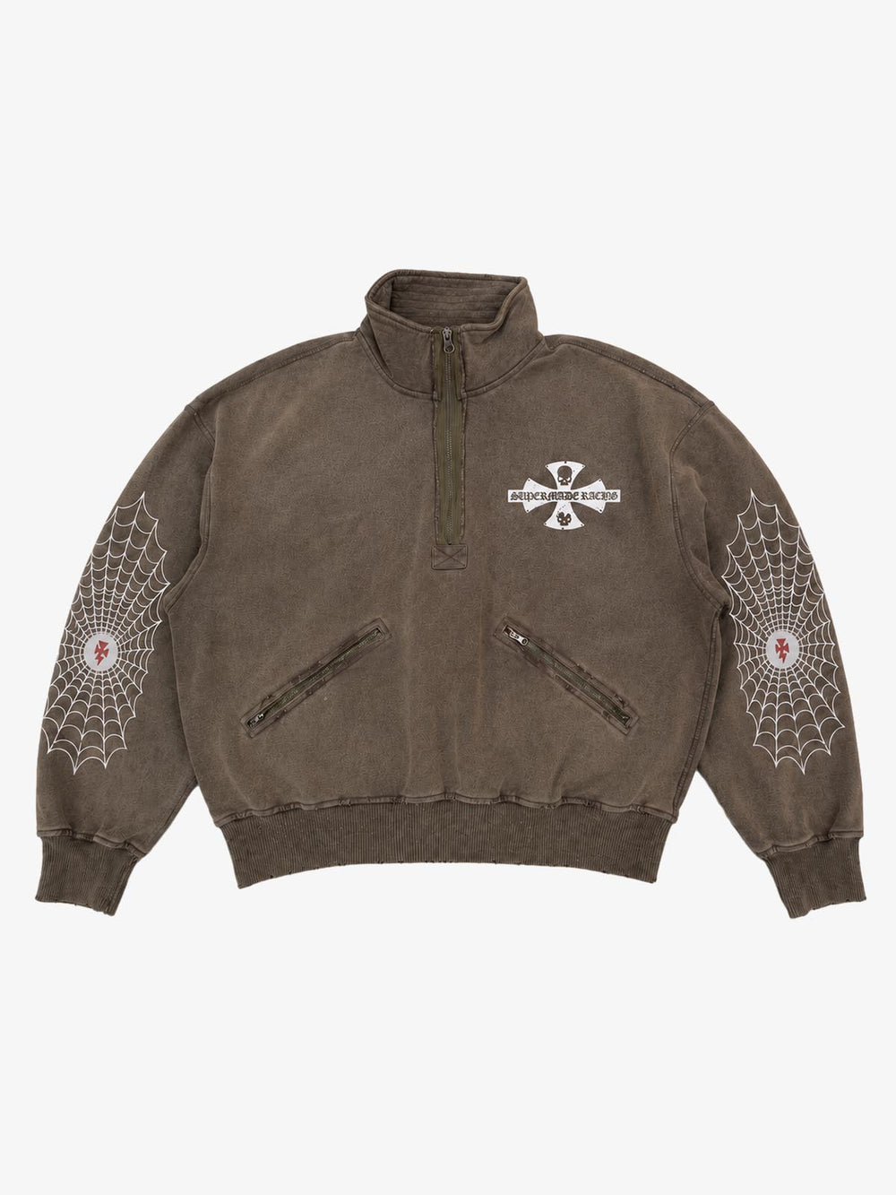 Spiderweb Graphic Washed Distressed Half-Zip Hoodie