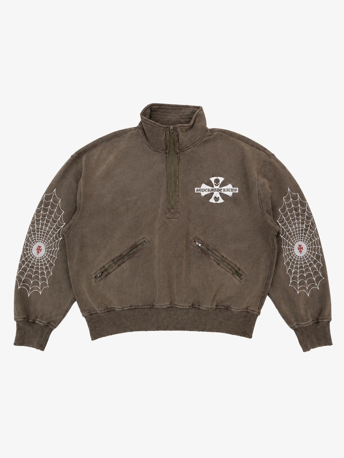Spiderweb Graphic Washed Distressed Half-Zip Hoodie