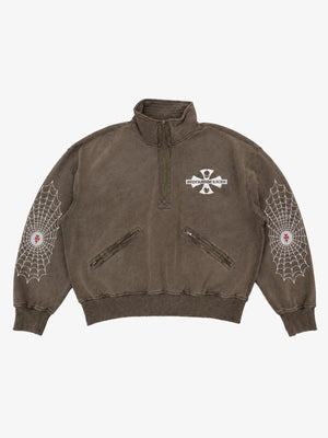 Spiderweb Graphic Washed Distressed Half-Zip Hoodie