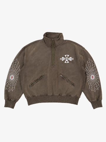 Spiderweb Graphic Washed Distressed Half-Zip Hoodie