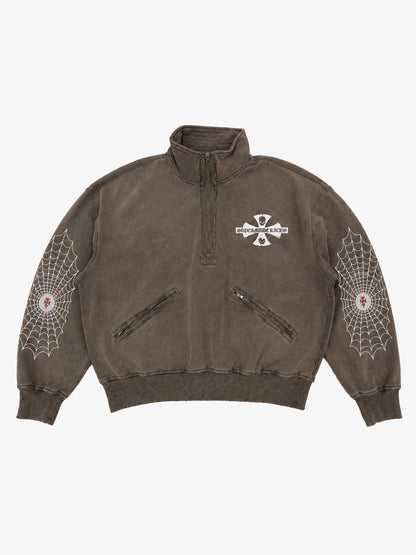 Spiderweb Graphic Washed Distressed Half-Zip Hoodie