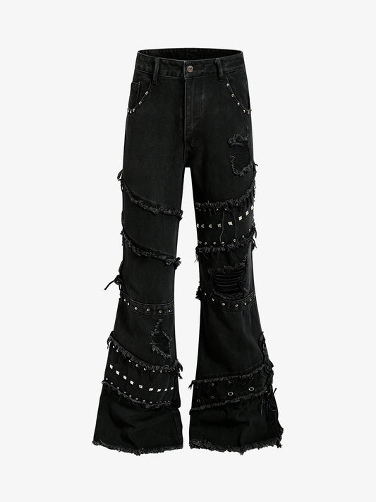 Studded Distressed Flared Jeans