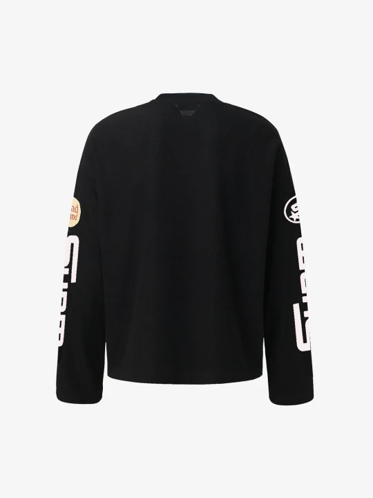 Textured Waffle SUPM Letter Graphic Long Sleeve T-Shirt - 2600 