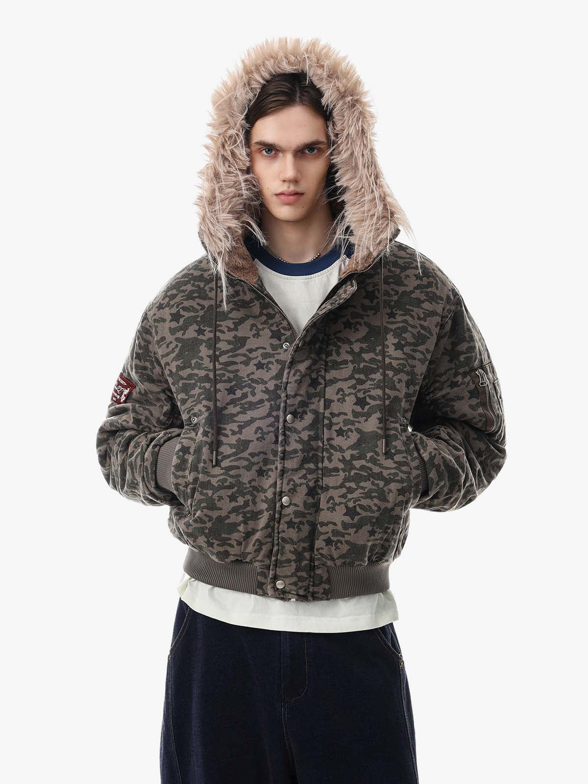 Street Style Fur Collar Camouflage Hooded Coat
