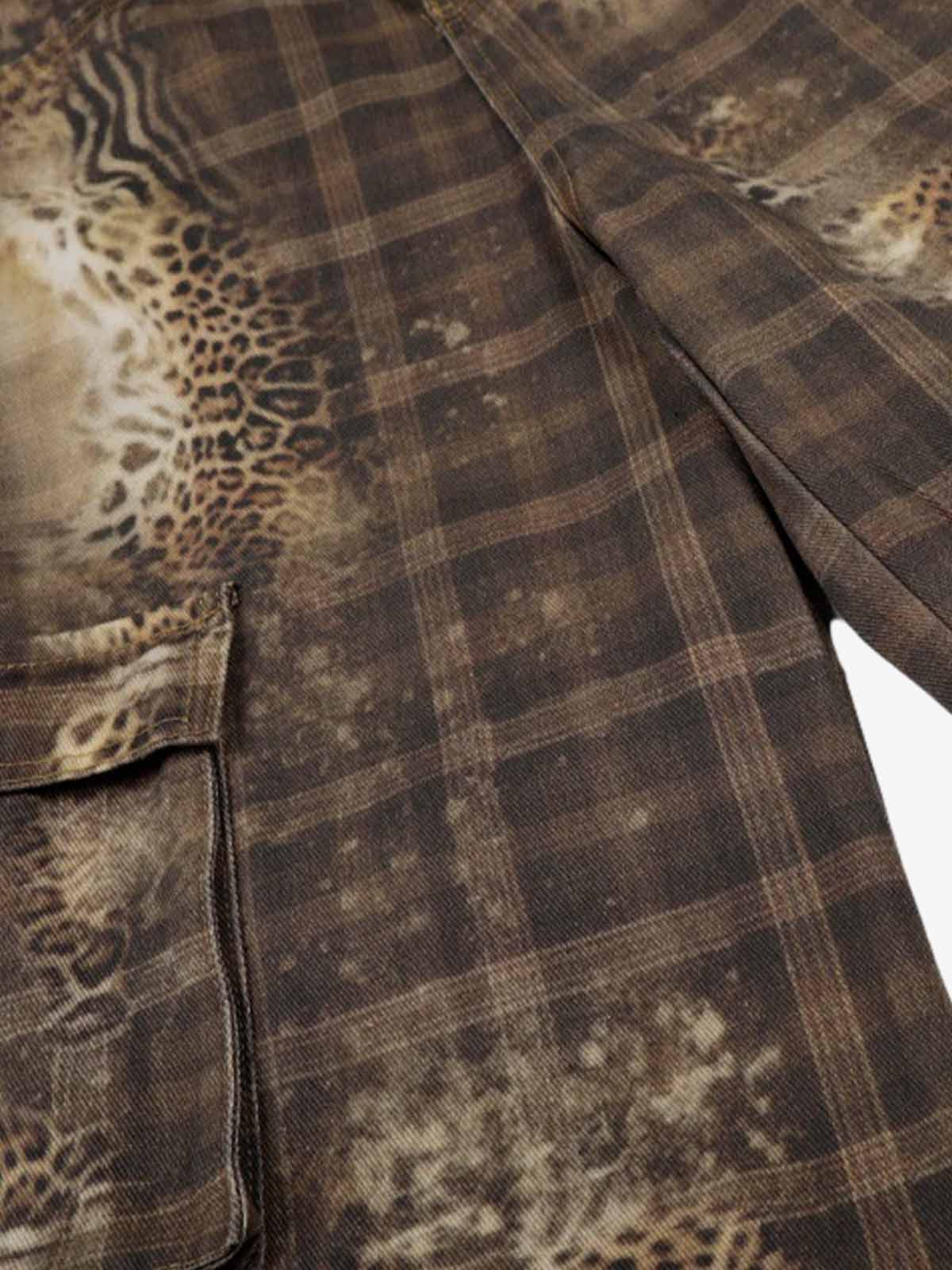 Plaid Leopard Print Cargo Barrel Jeans