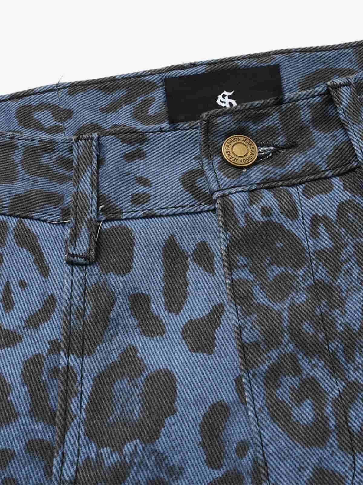 Retro Leopard Print Blue Washed Distressed Jeans 