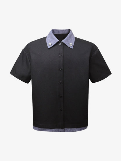 Fake Two-piece Stitching Lapel Pearl Button Shirt 