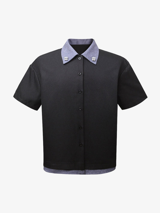 Fake Two-piece Stitching Lapel Pearl Button Shirt 