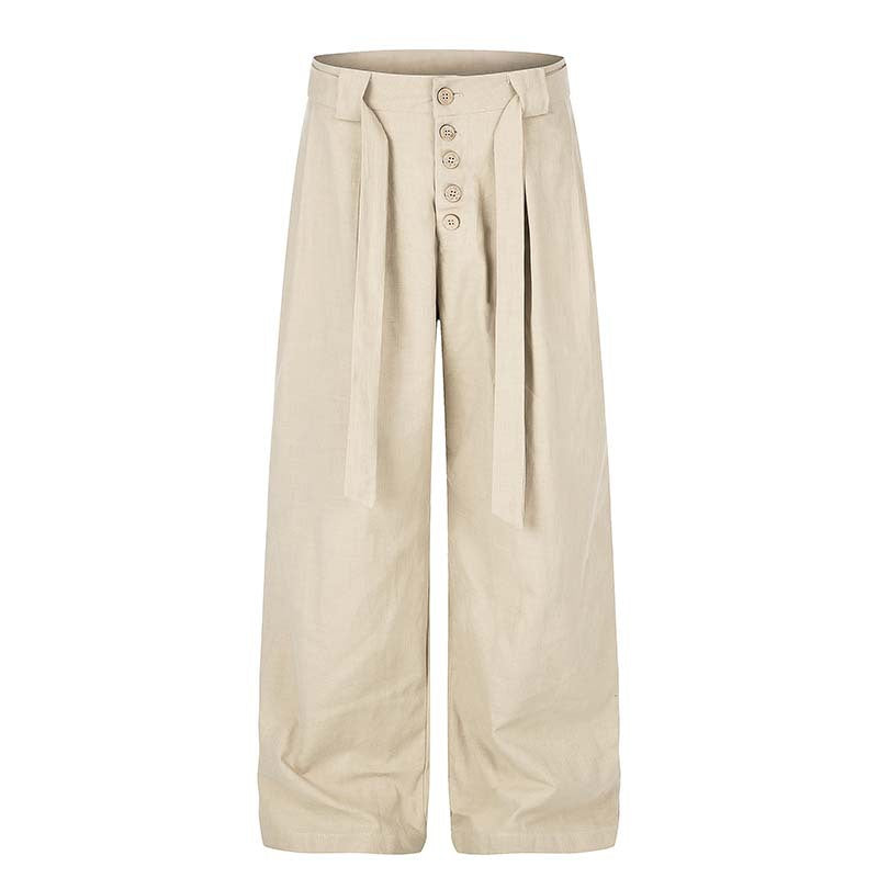 Button-Front Belted Casual Pants