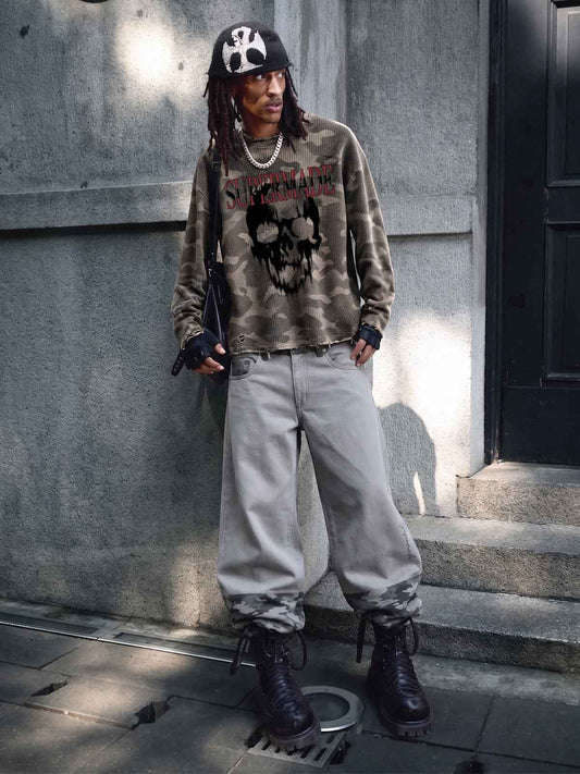 Distressed Waffle Knit Camo Long Sleeve with Skull Print