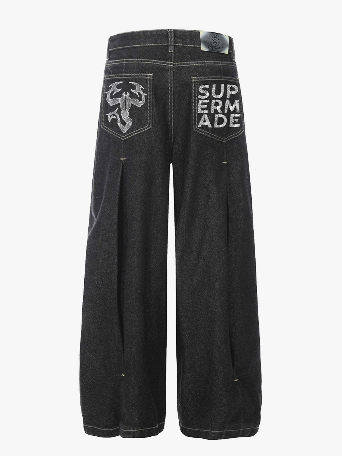 The Supermade Cotton Blend Washed Pleated Wide-leg Jeans With A Scorpion Logo Faux Embroidered Print Design. 