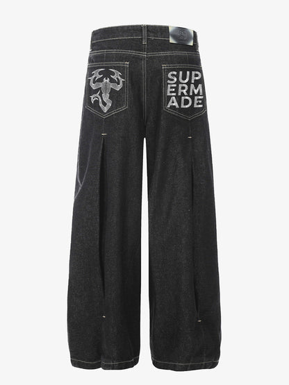The Supermade Cotton Blend Washed Pleated Wide-leg Jeans With A Scorpion Logo Faux Embroidered Print Design. 