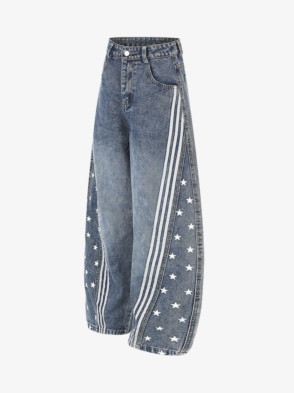 Star Print Curved Stripe Barrel Baggy Jeans