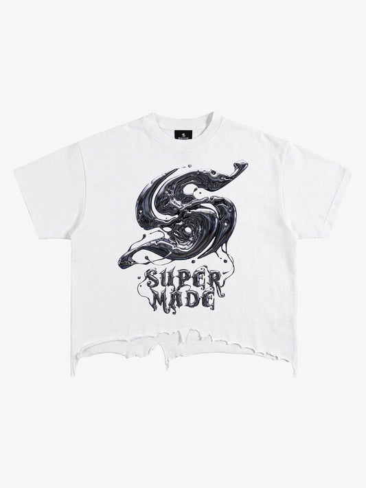 T-shirt délavé déchiré style gothique métal liquide