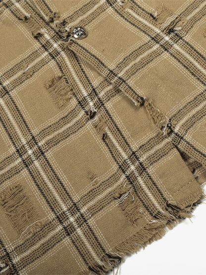 Ripped Plaid Cotton Long Sleeve Shirt for Men - Distressed Checkered Button-Up Casual overshirt 