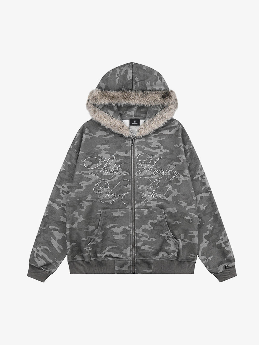 Strass-Buchstaben-Kapuzenjacke mit Camouflage-Muster und Kunstpelzkragen