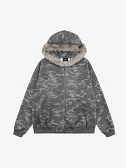 Rhinestone Letter Camo Faux-Fur Collar Hoodie