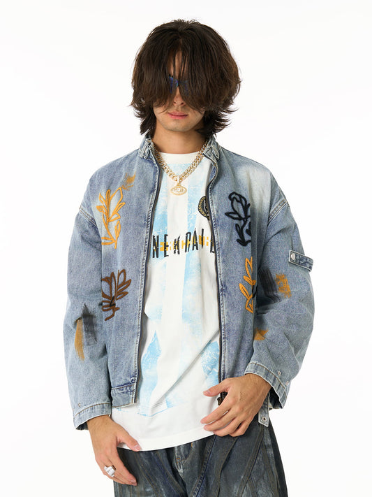 Embroidered Denim Jacket with Trendy Floral Design for Men 