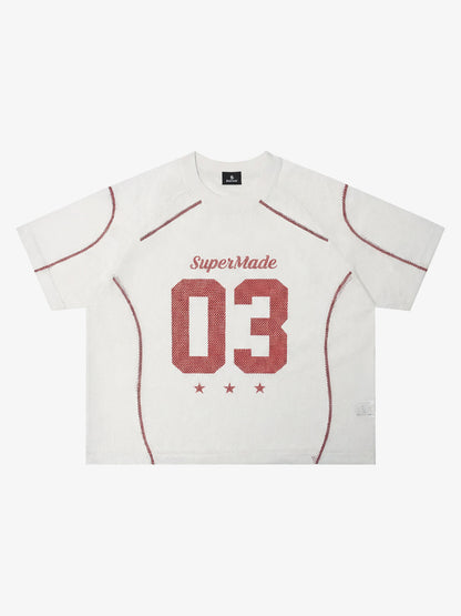 Mesh Jersey T-Shirt with Red Number 03 Print and Stitched Details 
