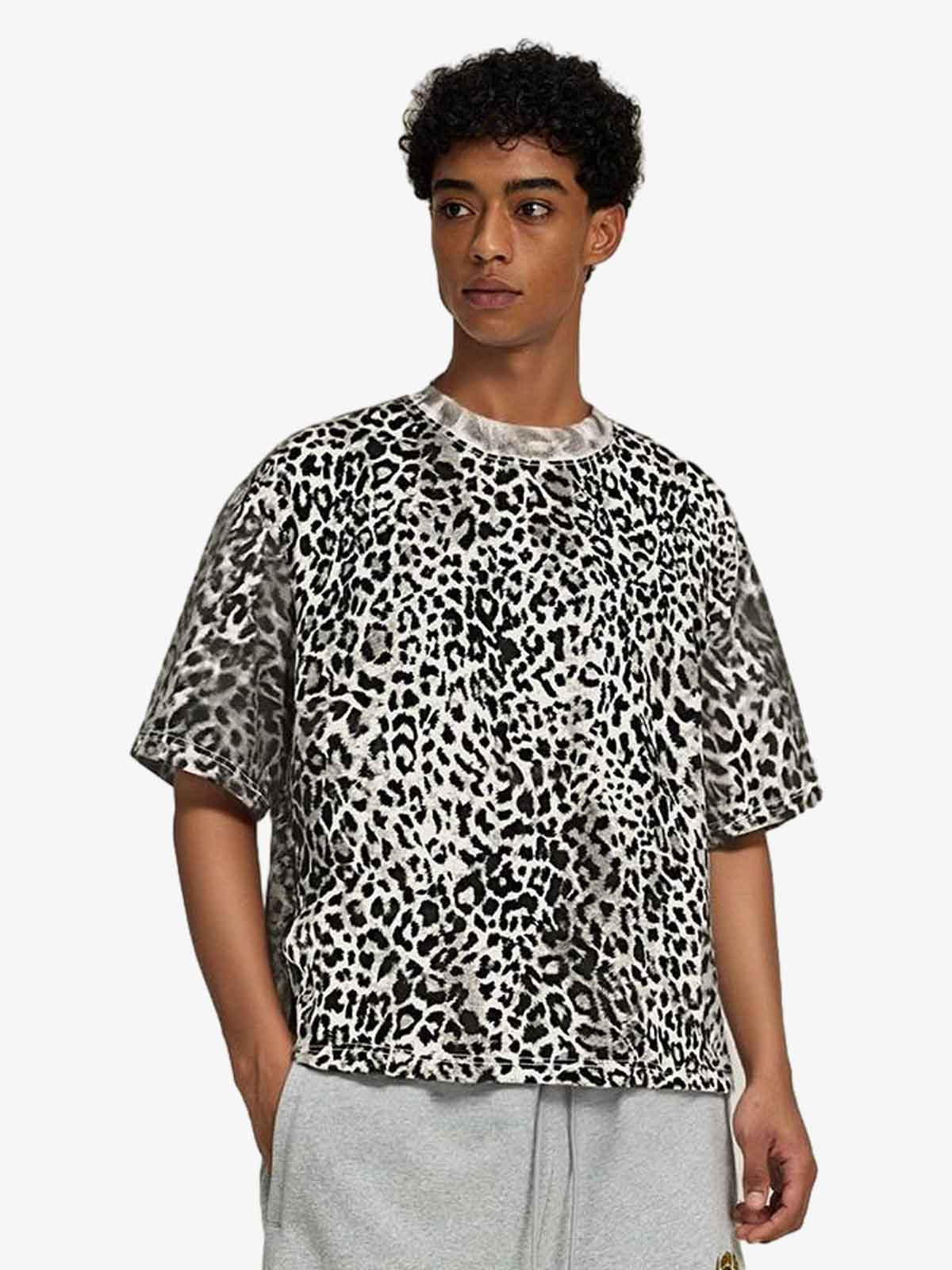 210G Cotton Leopard Print Oversized T-Shirt for Men Fashion Streetwear 