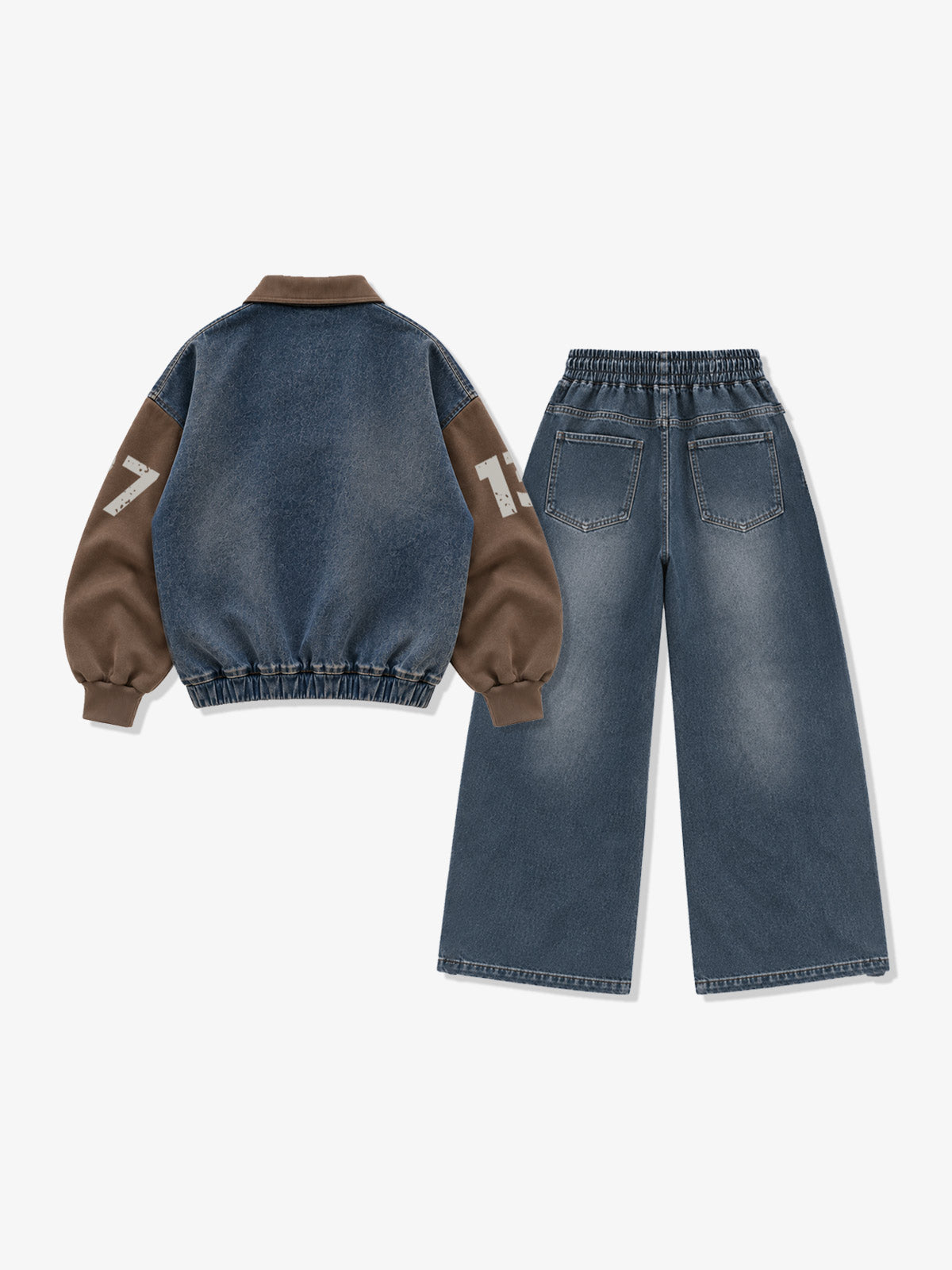 Denim Patchwork Pullover Sweatshirt & Graphic Wide-Leg Jeans Set