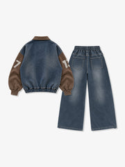 Denim Patchwork Pullover Sweatshirt & Graphic Wide-Leg Jeans Set